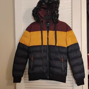 Colorblock Puffer Jacket with Faux-Fur Trim Hood - Burgundy, Mustard & Black
